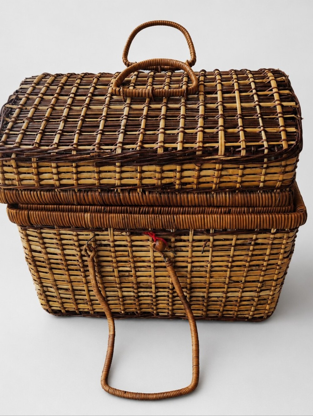 Vintage Wicker Picnic Basket Classic Red Cloth On Inside And Handles Storage